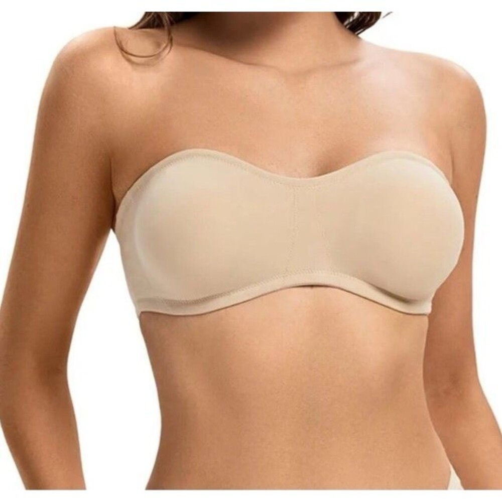 Angool Beige Strapless Bra Women's M Padded Non-Slip Wirefree Bandeau Bralette